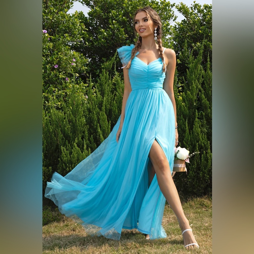 Blue Ruched One-Shoulder Gown​